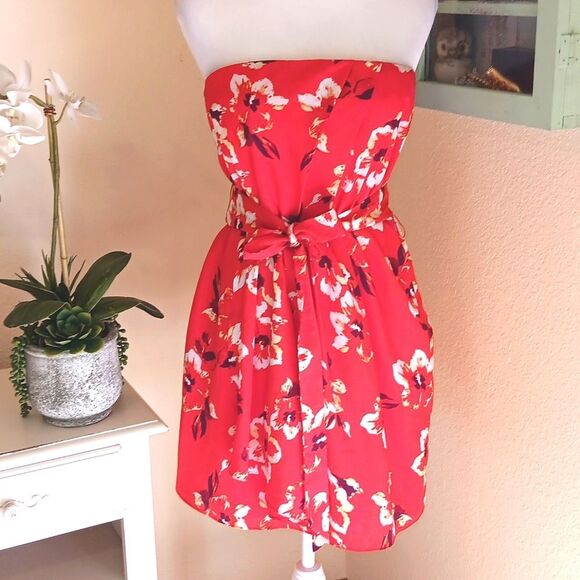 Express Vibrant Orange Satin Strapless Dress. Floral. Bright . Wedding Guest. - Picture 1 of 10